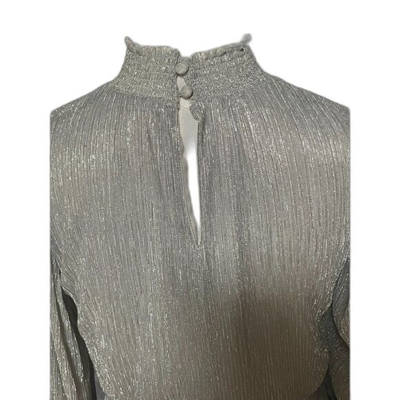 Express Silver Shimmer Pleated Tiered Mini Dress Long Sleeve SM - Picture 3 of 11